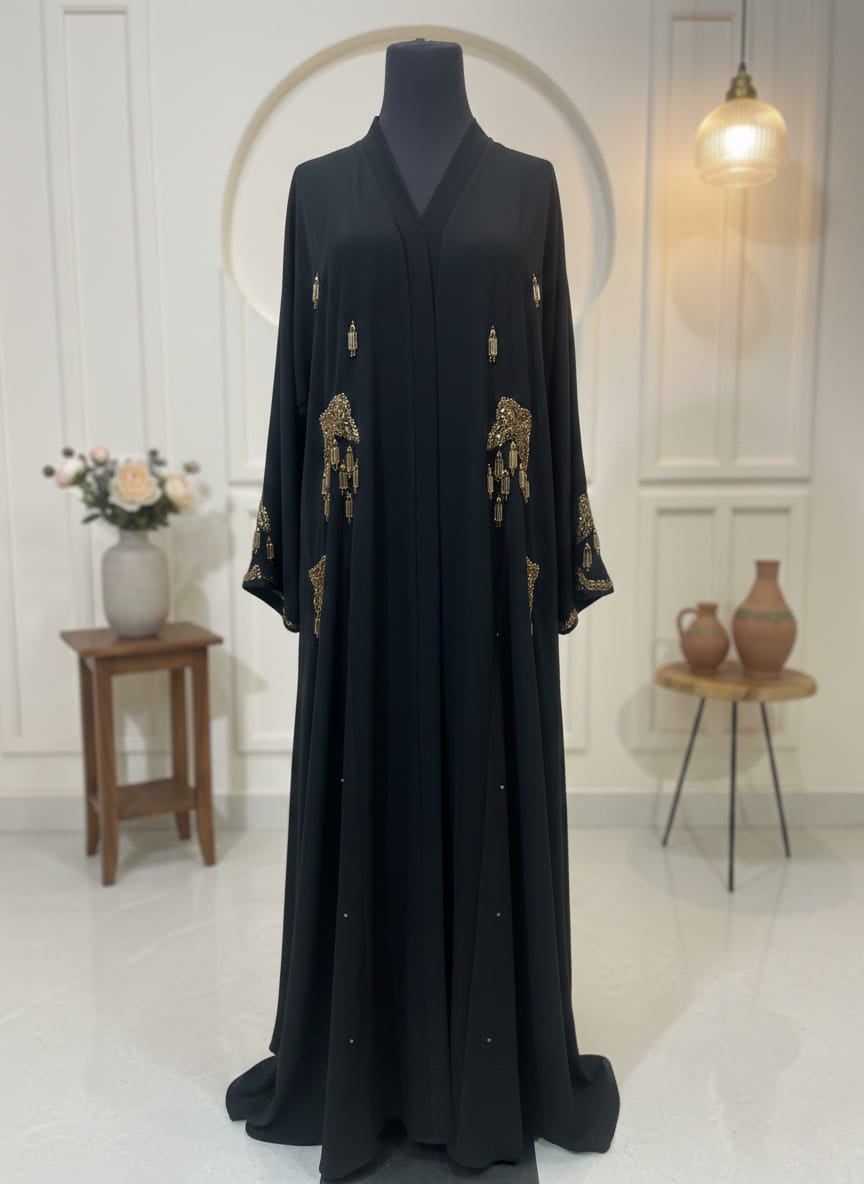 Glowry Premium Nida Fabric Abaya – Hand Embellished Front Open Formal Wear