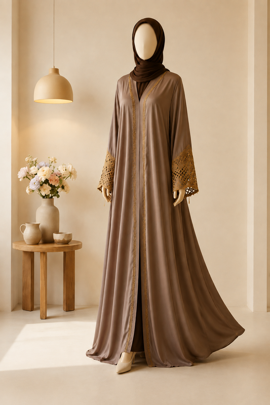 👑 ABAYA ROYALE  TikTok Fabric with Intricate Hand-Embellished Sleeves - 022